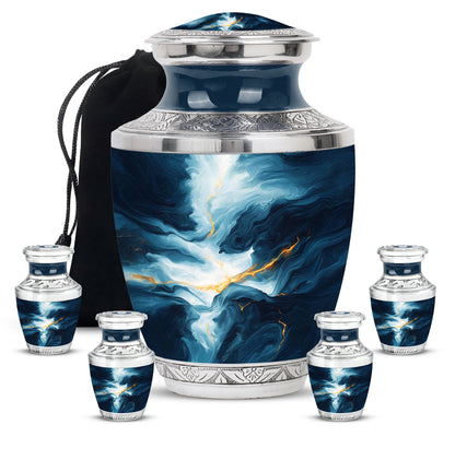 Powder Blue Blue Cremation Urn lifestyle display on memorial shelf - contemporary blue design with modern artistic flair - memorial set with one large and four small urns