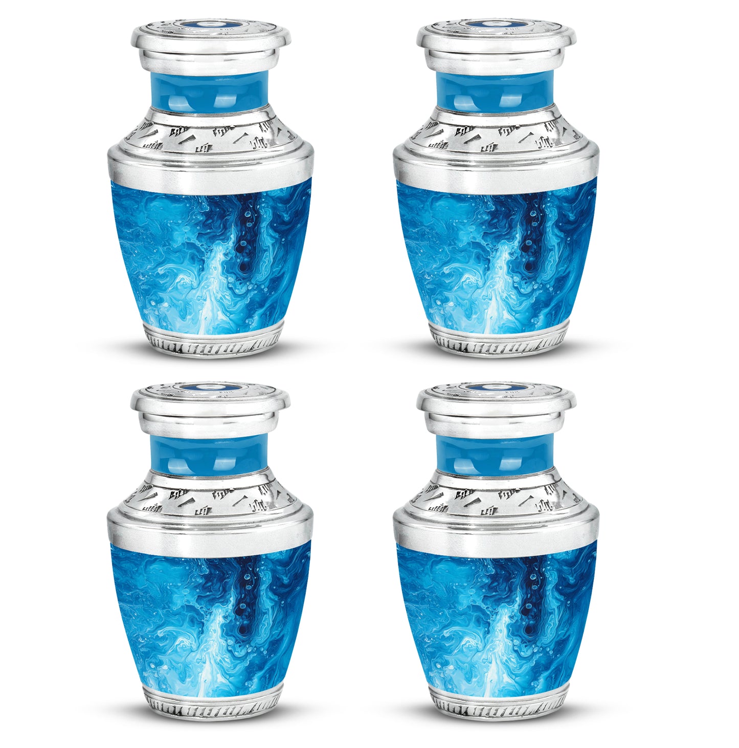Azure Blue Cremation Urn back view with polished surface - contemporary blue design with modern artistic flair - 10 inch aluminum urn for cremated remains