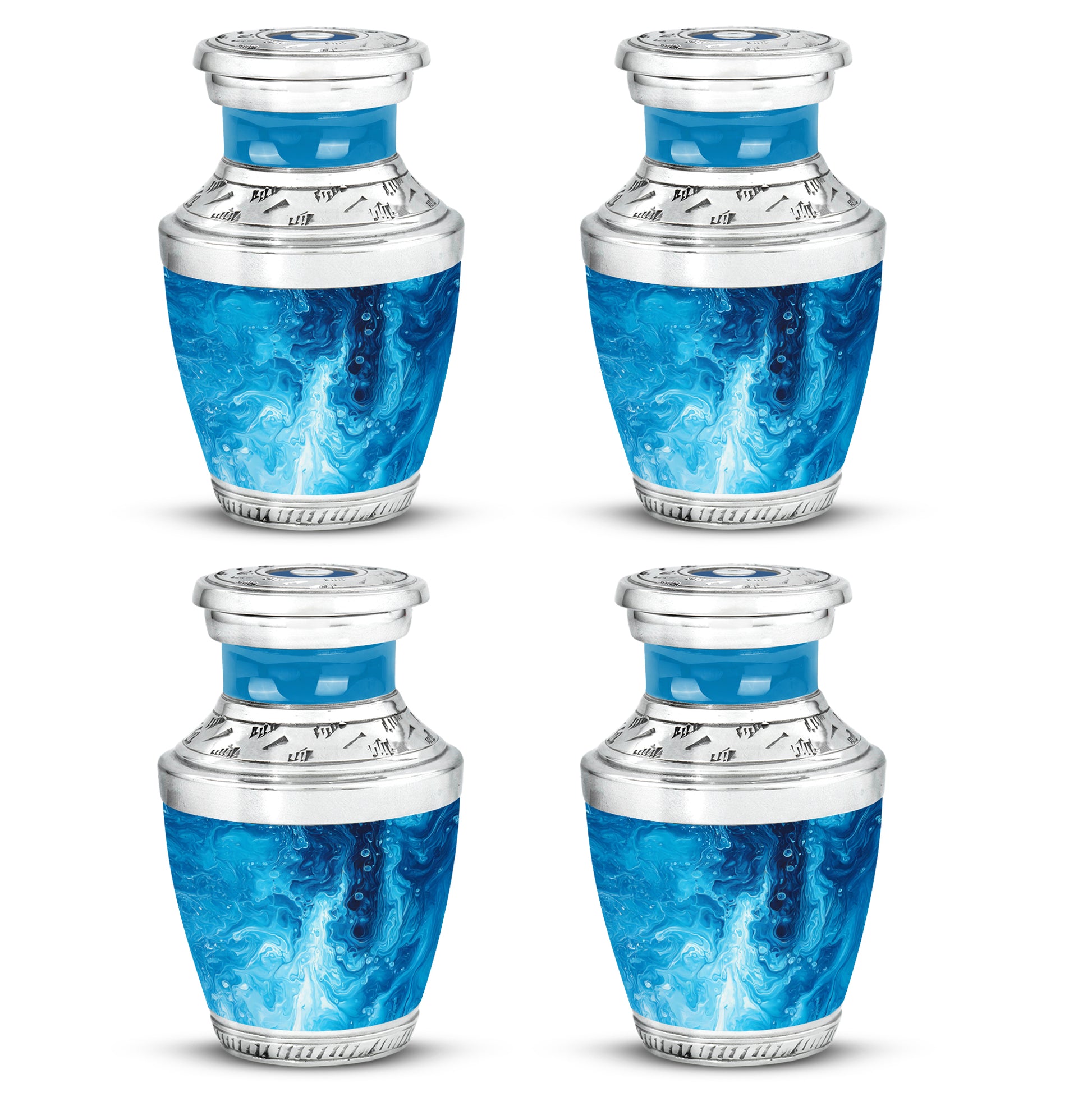 Azure Blue Cremation Urn back view with polished surface - contemporary blue design with modern artistic flair - 10 inch aluminum urn for cremated remains