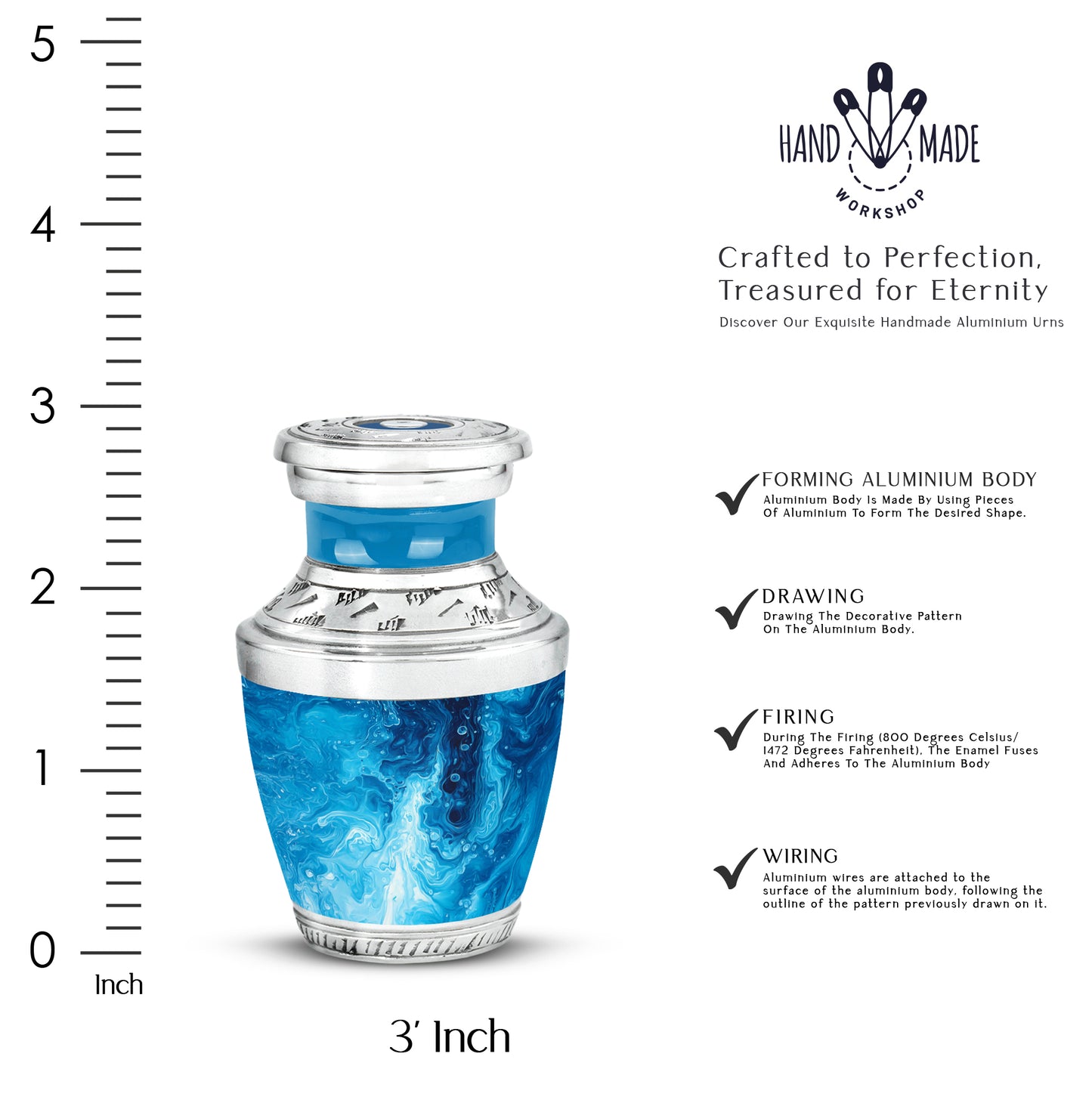 Azure Blue Cremation Urn top-down view of secure threaded lid - modern art-inspired blue motif on sleek aluminum - mini keepsake memorial for portion of cremation ashes