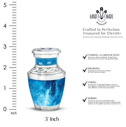 Azure Blue Cremation Urn top-down view of secure threaded lid - modern art-inspired blue motif on sleek aluminum - mini keepsake memorial for portion of cremation ashes