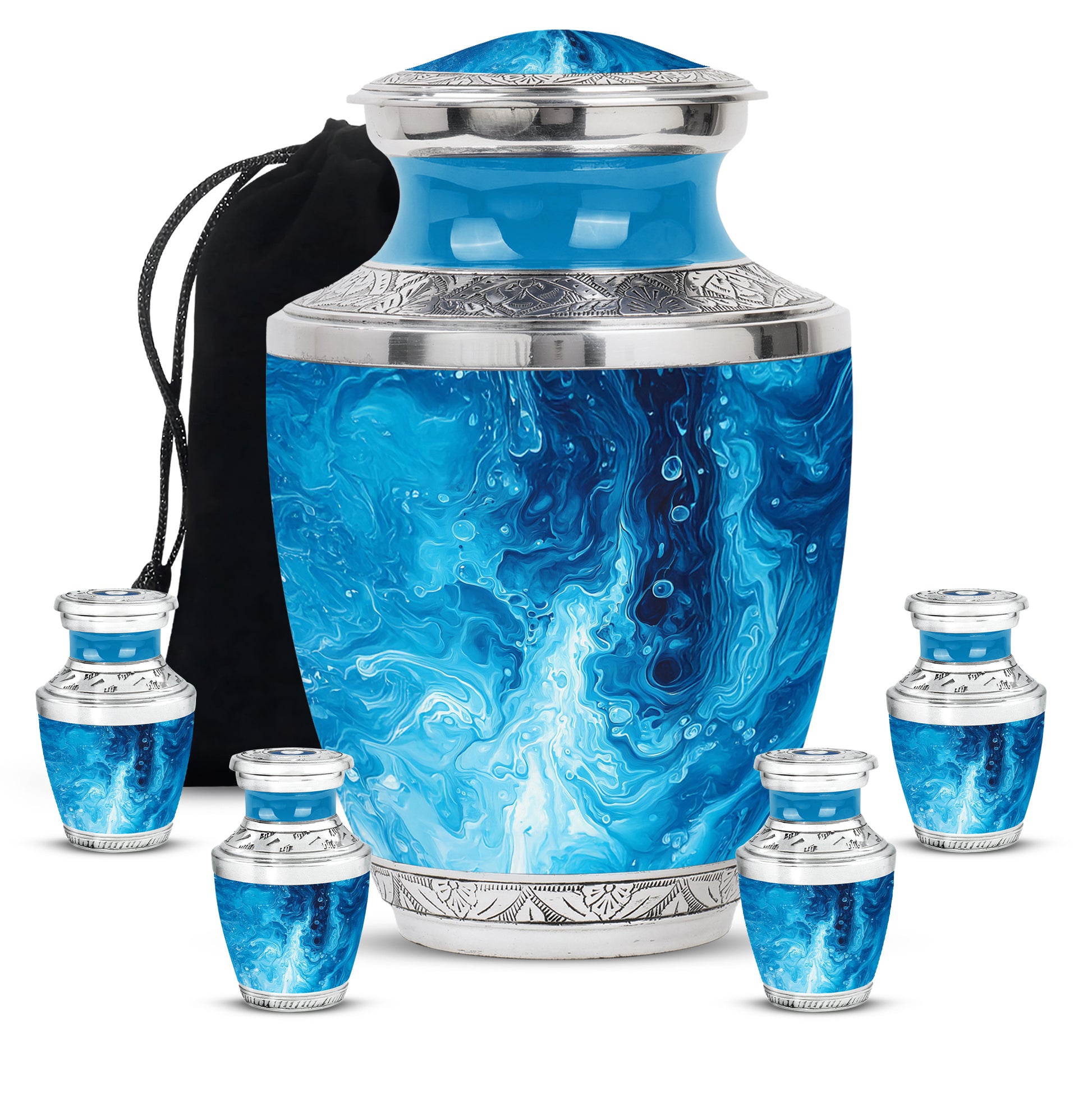 Bright Blue Blue Cremation Urn lifestyle display on memorial shelf - stylized abstract blue pattern with bold lines - memorial set with one large and four small urns