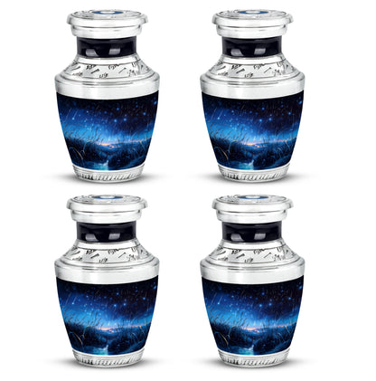 Ebony Blue Cremation Urn back view with polished surface - modern art-inspired blue motif on sleek aluminum - 10 inch aluminum urn for cremated remains