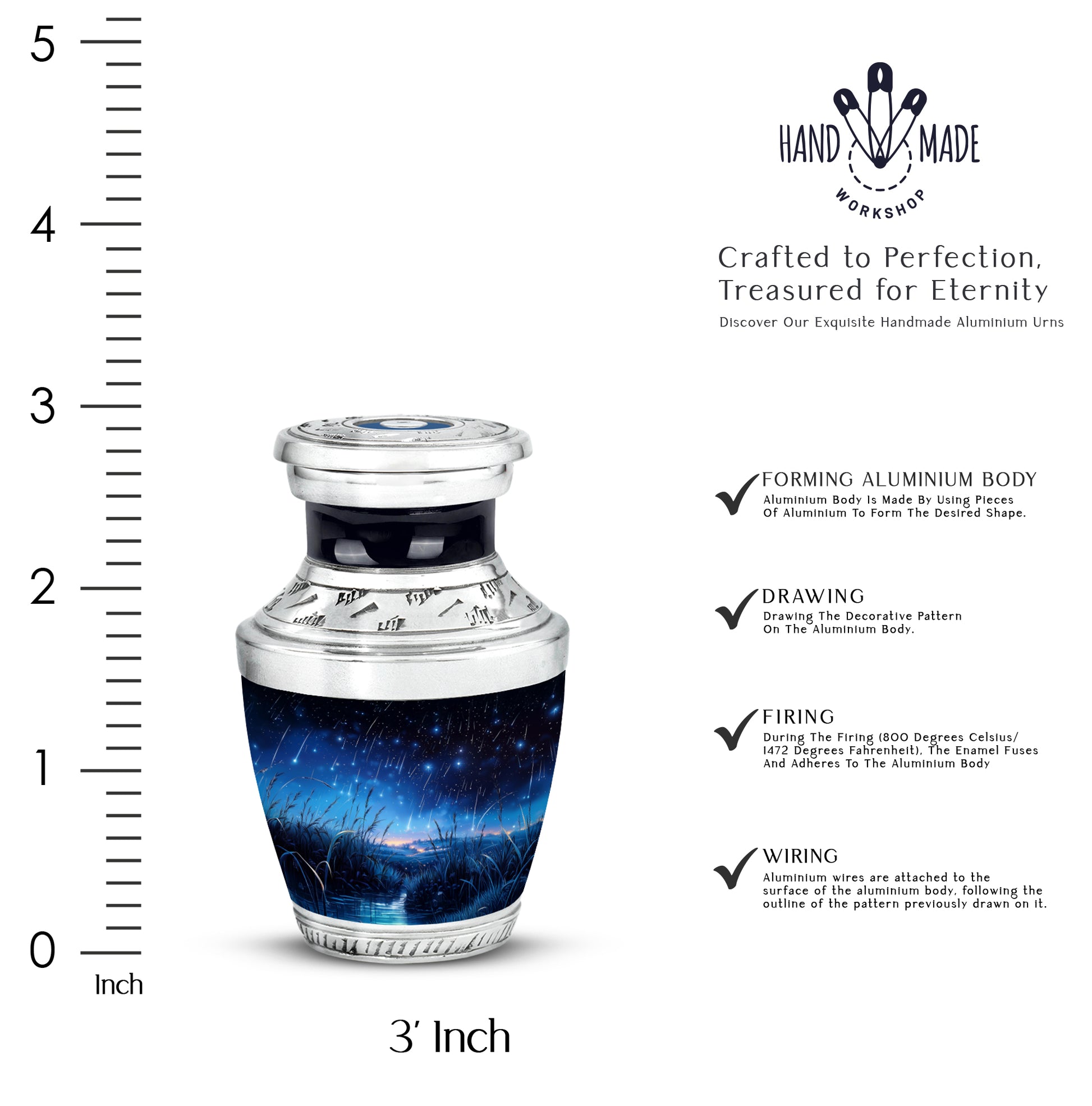 Onyx Black Blue Cremation Urn top-down view of secure threaded lid - artistic blue interpretation with creative detail - mini keepsake memorial for portion of cremation ashes