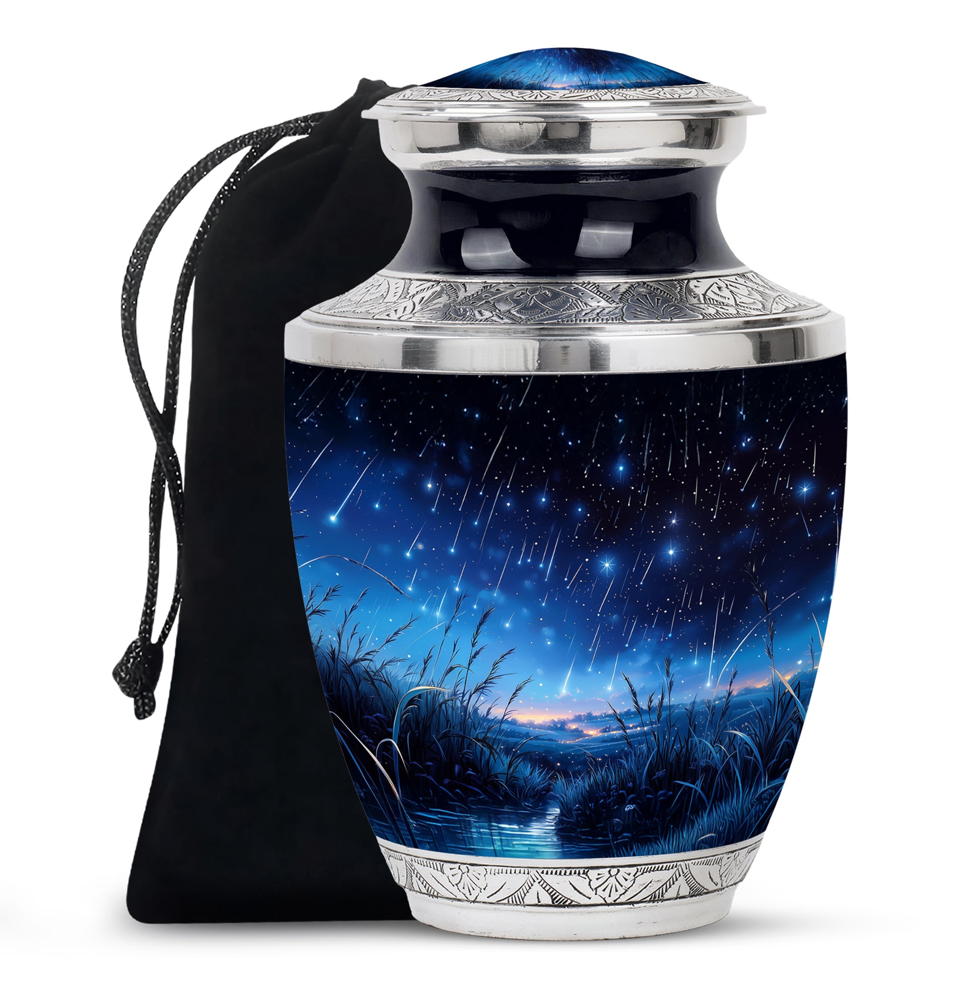 Ebony Blue Cremation Urn side profile showing urn shape - modern art-inspired blue motif on sleek aluminum - full-size 10 inch 200 cubic inch adult cremation urn