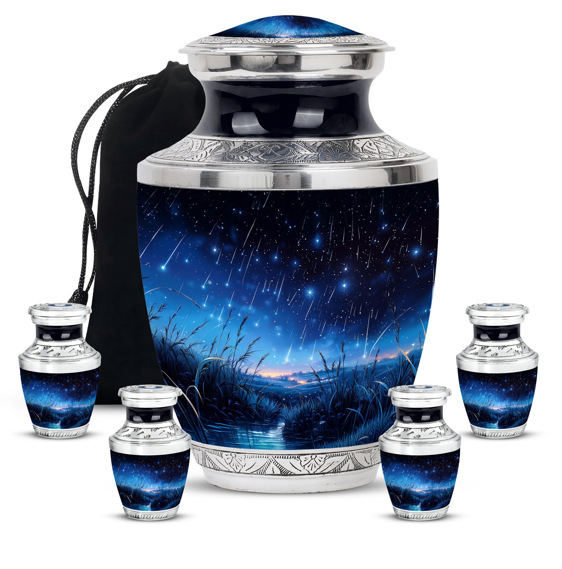 Jet Black Blue Cremation Urn lifestyle display on memorial shelf - modern art-inspired blue motif on sleek aluminum - memorial set with one large and four small urns