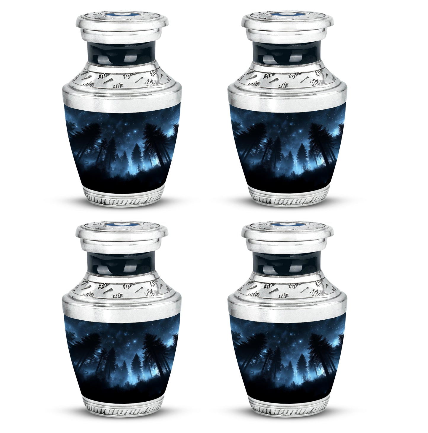 Rich Black Blue Cremation Urn back view with polished surface - modern art-inspired blue motif on sleek aluminum - 10 inch aluminum urn for cremated remains