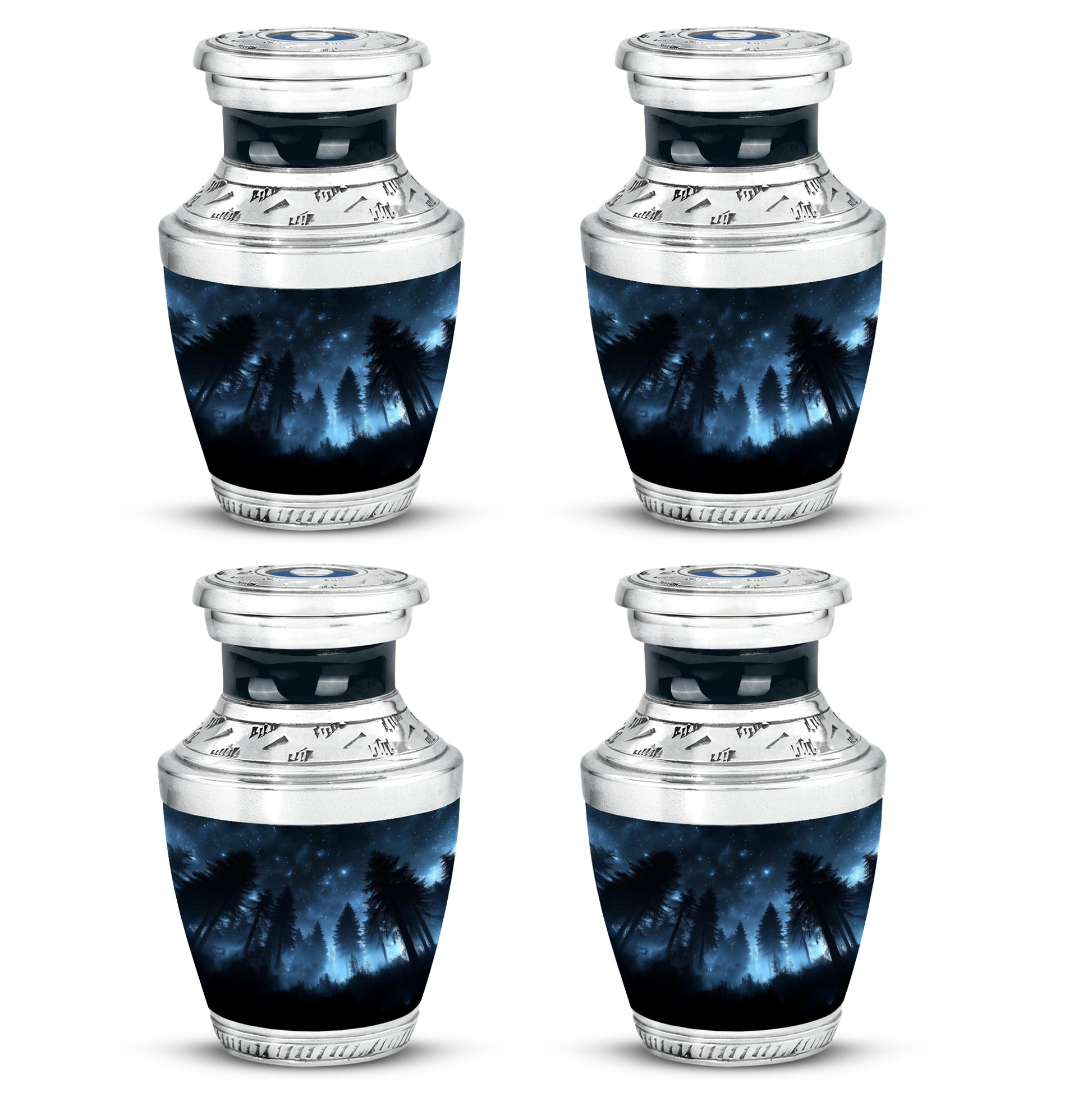 Rich Black Blue Cremation Urn back view with polished surface - modern art-inspired blue motif on sleek aluminum - 10 inch aluminum urn for cremated remains