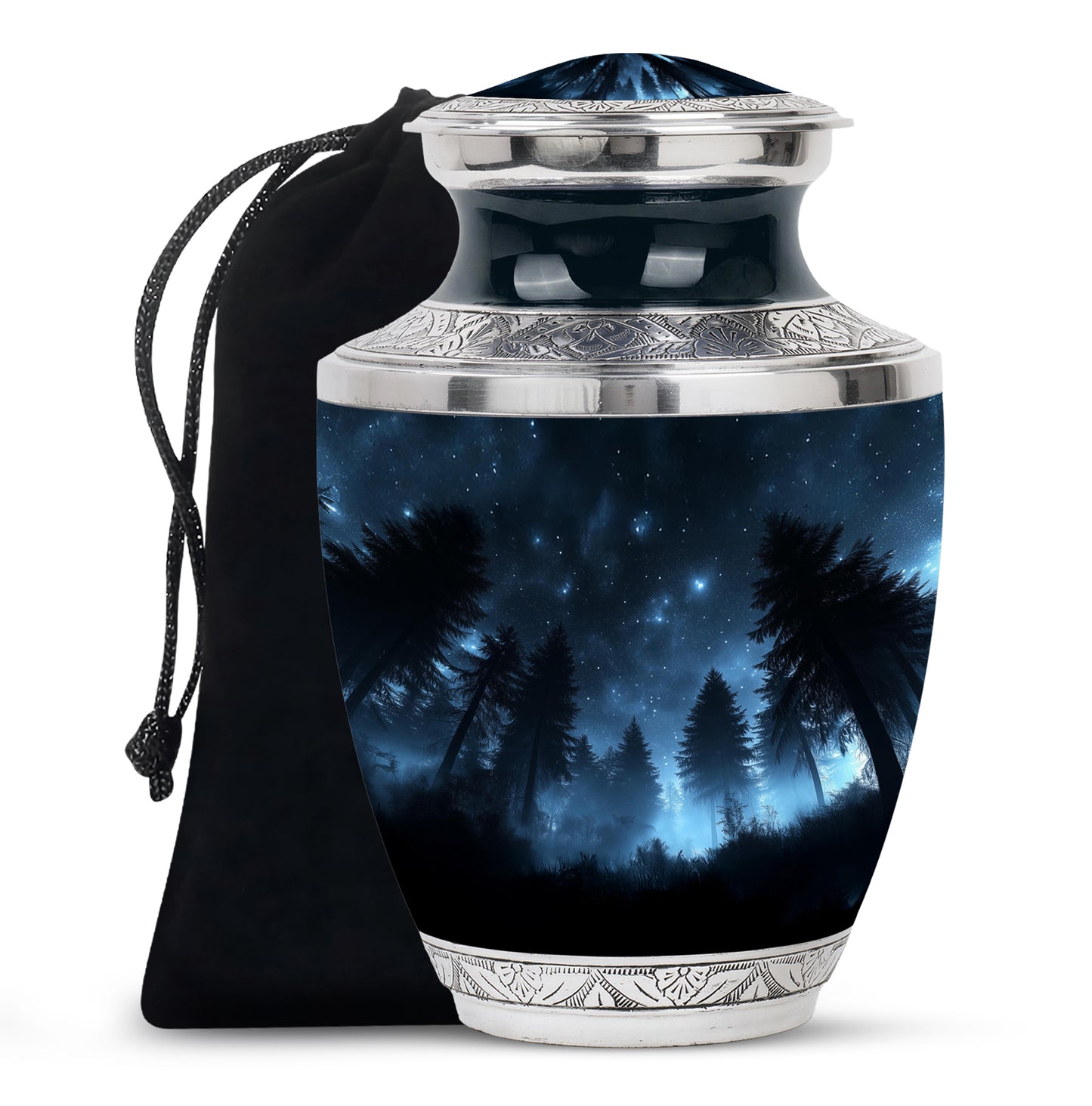 Dark Black Blue Cremation Urn side profile showing urn shape - stylized abstract blue pattern with bold lines - full-size 10 inch 200 cubic inch adult cremation urn