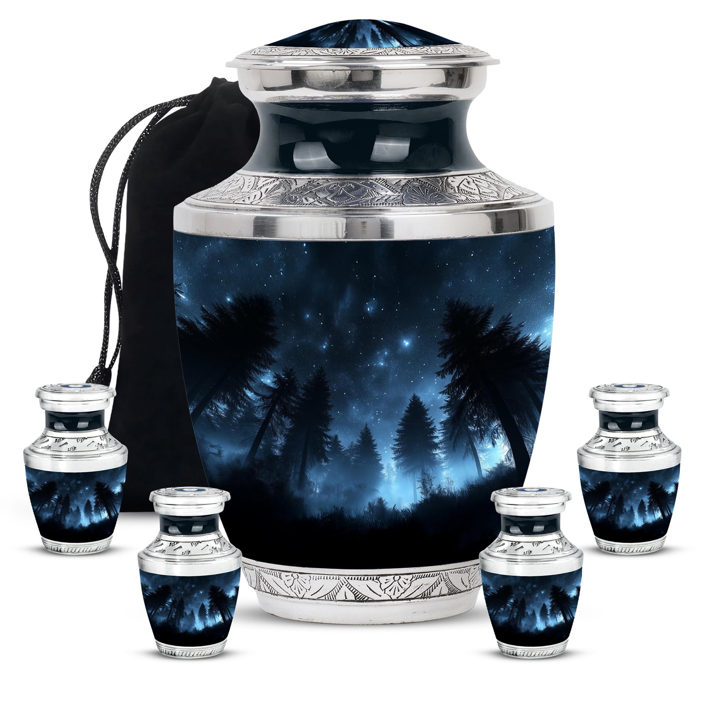 Charcoal Black Blue Cremation Urn lifestyle display on memorial shelf - artistic blue interpretation with creative detail - memorial set with one large and four small urns