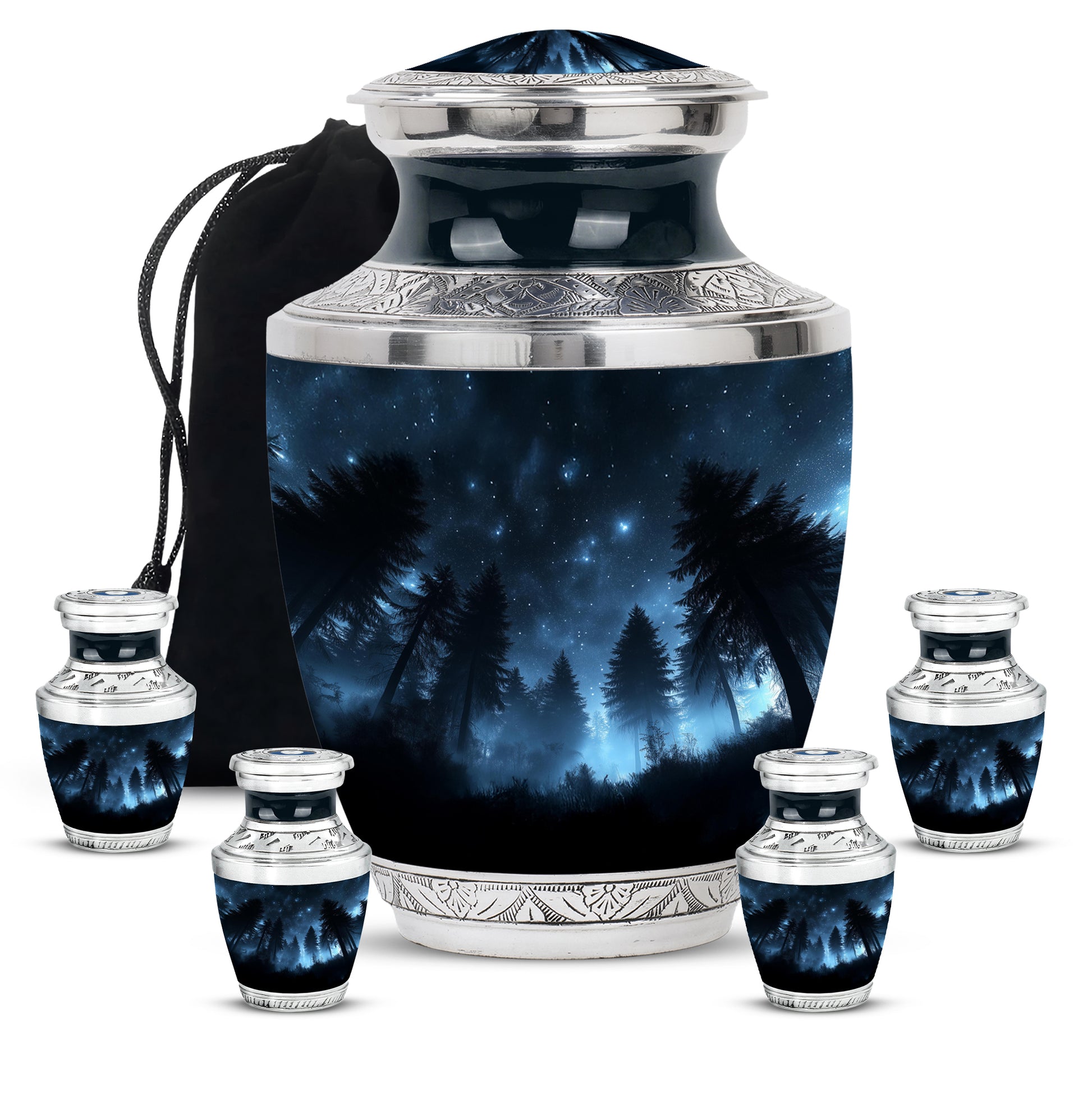 Charcoal Black Blue Cremation Urn lifestyle display on memorial shelf - artistic blue interpretation with creative detail - memorial set with one large and four small urns