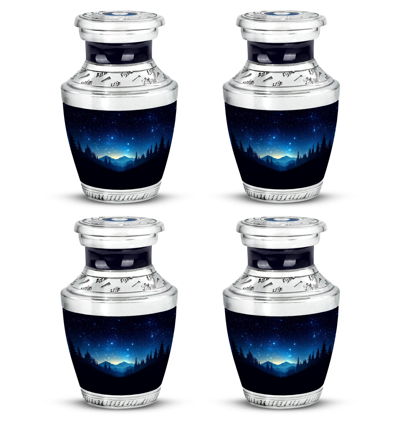 Rich Black Blue Cremation Urn back view with polished surface - modern art-inspired blue motif on sleek aluminum - 10 inch aluminum urn for cremated remains