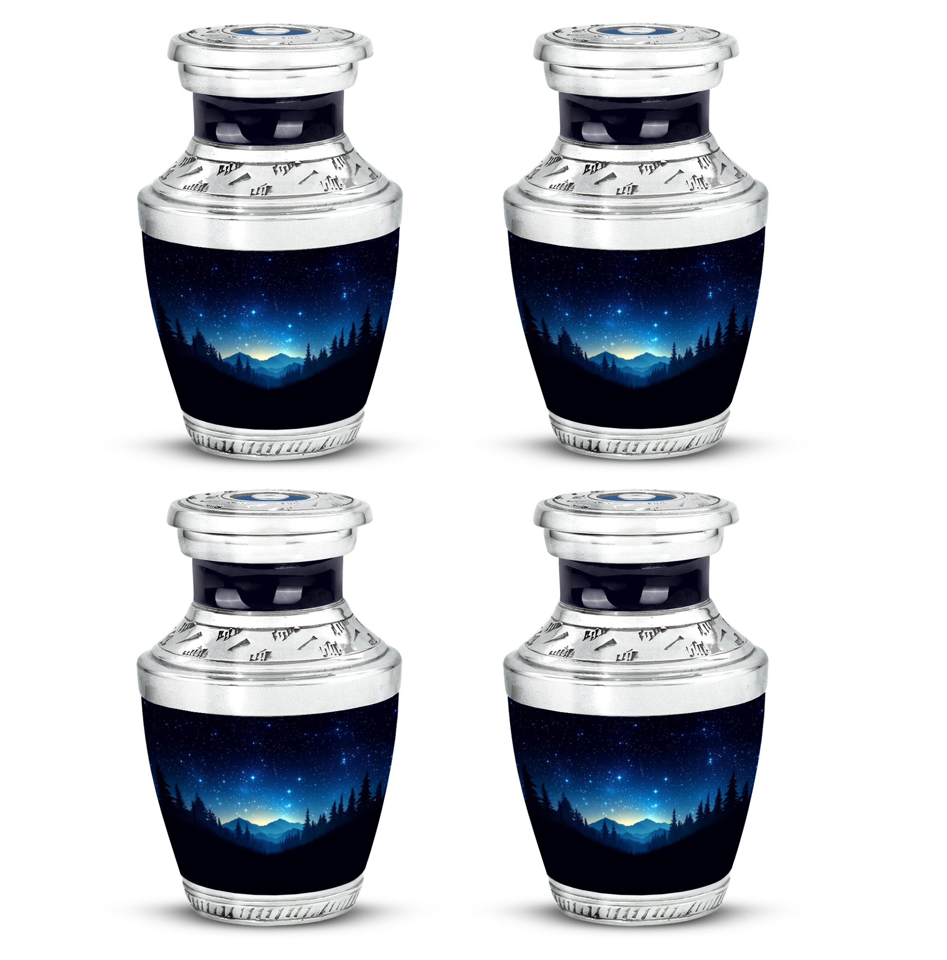 Rich Black Blue Cremation Urn back view with polished surface - modern art-inspired blue motif on sleek aluminum - 10 inch aluminum urn for cremated remains