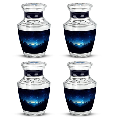 Rich Black Blue Cremation Urn back view with polished surface - modern art-inspired blue motif on sleek aluminum - 10 inch aluminum urn for cremated remains