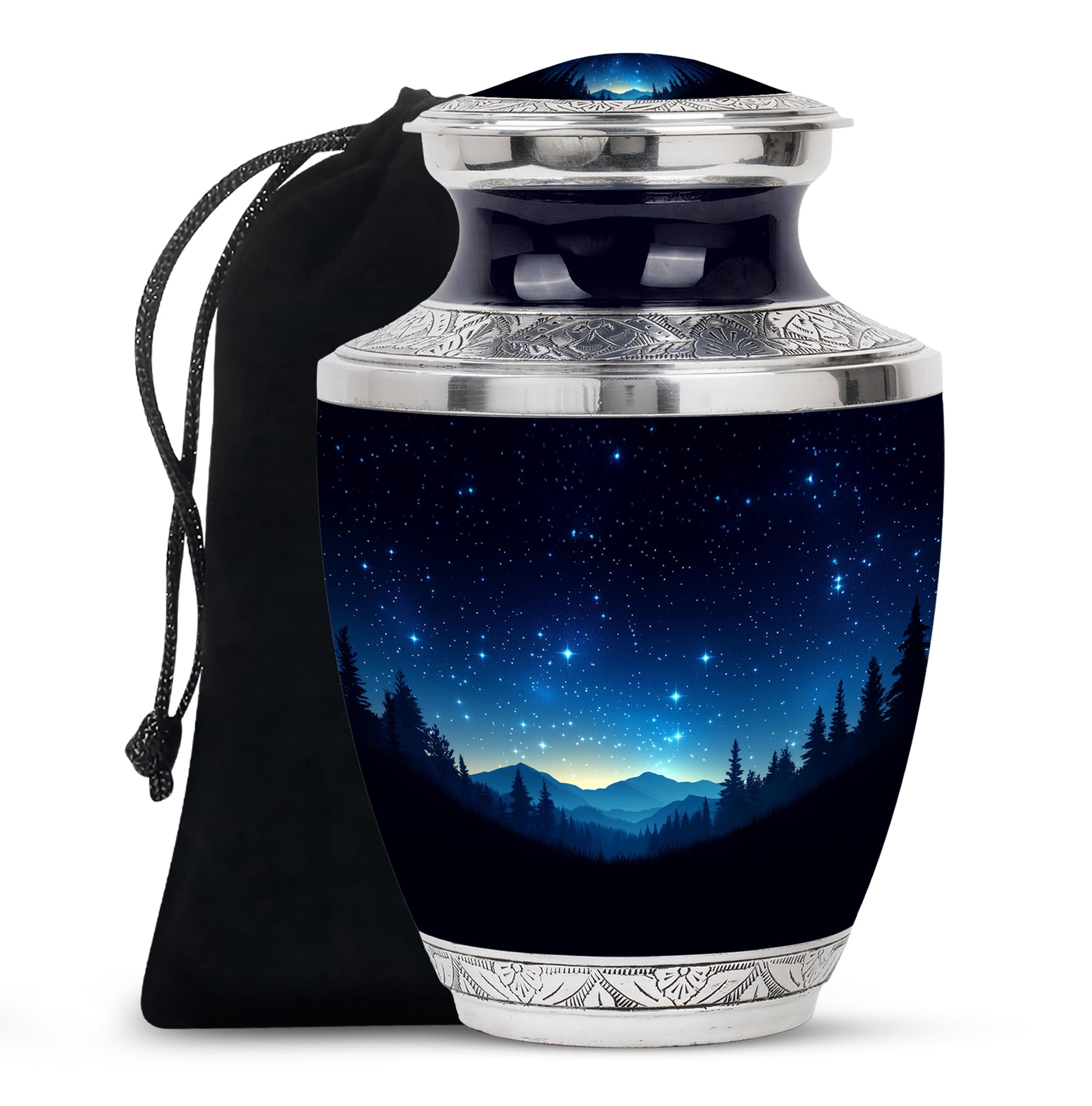 Charcoal Black Blue Cremation Urn side profile showing urn shape - stylized abstract blue pattern with bold lines - full-size 10 inch 200 cubic inch adult cremation urn