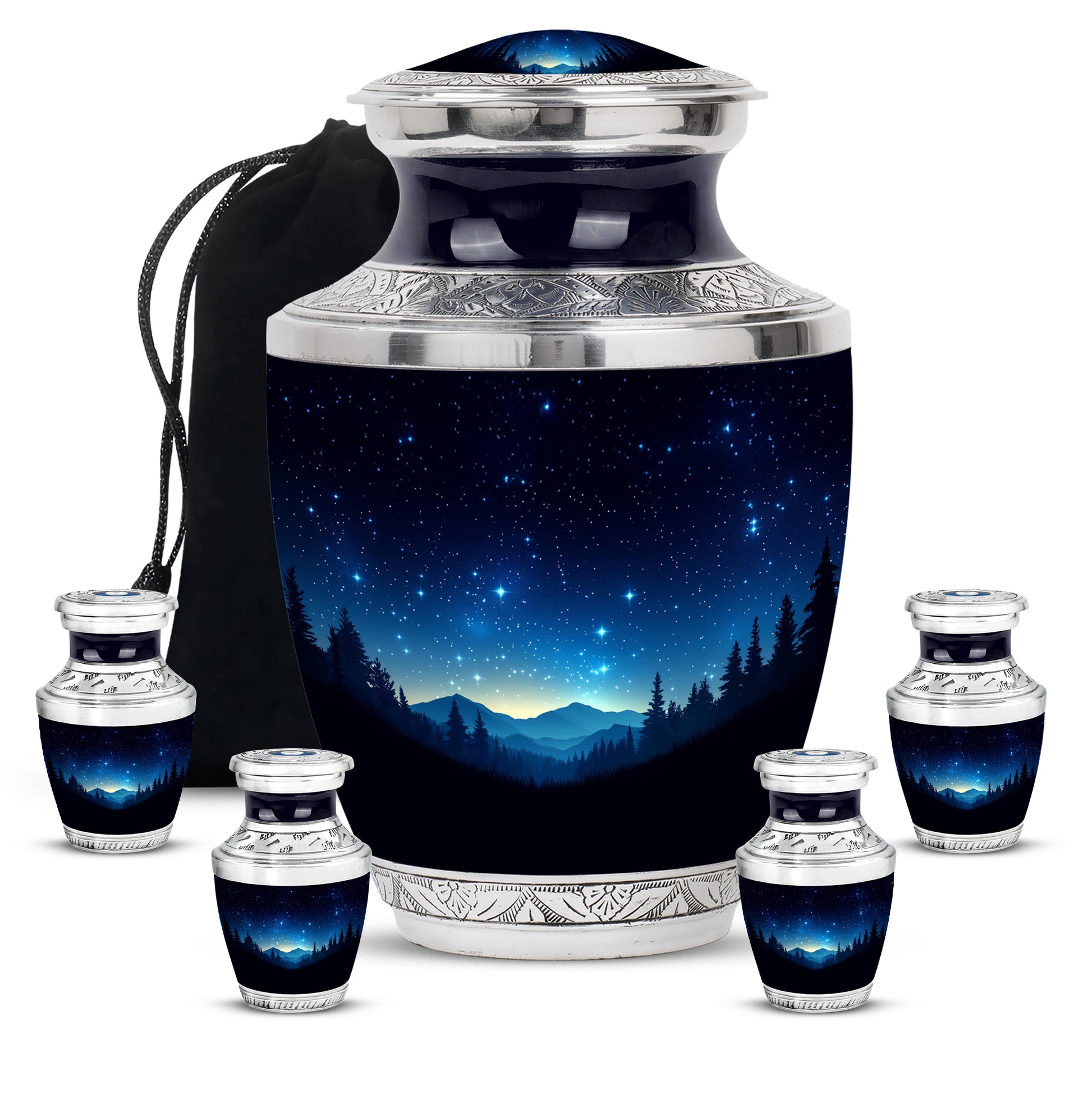 Charcoal Black Blue Cremation Urn lifestyle display on memorial shelf - artistic blue interpretation with creative detail - memorial set with one large and four small urns