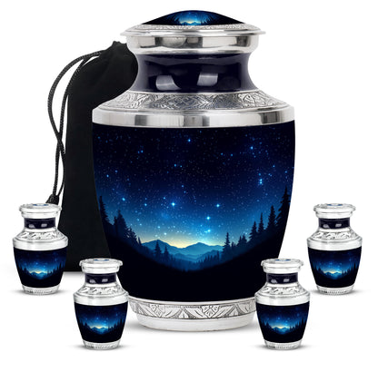 Charcoal Black Blue Cremation Urn lifestyle display on memorial shelf - artistic blue interpretation with creative detail - memorial set with one large and four small urns