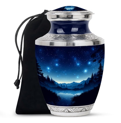 Cobalt Blue Blue Cremation Urn side profile showing urn shape - stylized abstract blue pattern with bold lines - full-size 10 inch 200 cubic inch adult cremation urn