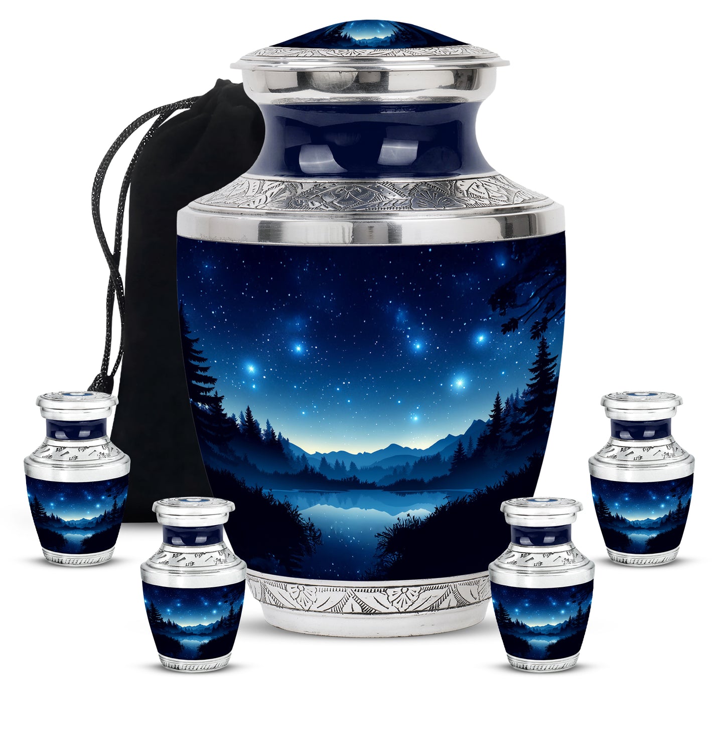 Misty Blue Blue Cremation Urn lifestyle display on memorial shelf - contemporary blue design with modern artistic flair - memorial set with one large and four small urns