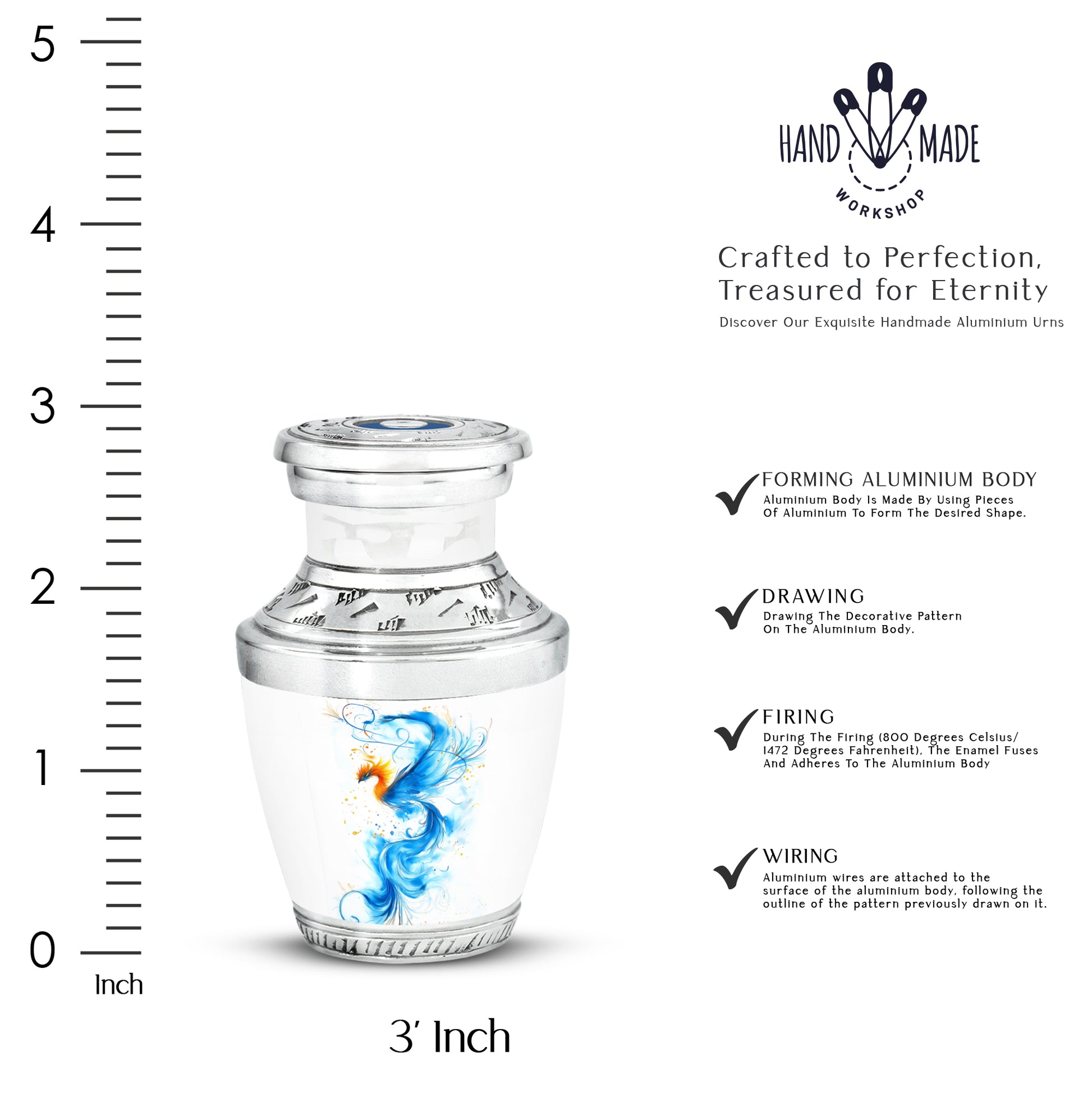 Satin Silver Blue Cremation Urn top-down view of secure threaded lid - modern art-inspired blue motif on sleek aluminum - mini keepsake memorial for portion of cremation ashes