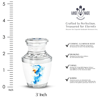 Satin Silver Blue Cremation Urn top-down view of secure threaded lid - modern art-inspired blue motif on sleek aluminum - mini keepsake memorial for portion of cremation ashes