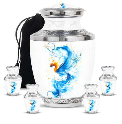 Frosted Silver Blue Cremation Urn lifestyle display on memorial shelf - artistic blue interpretation with creative detail - memorial set with one large and four small urns