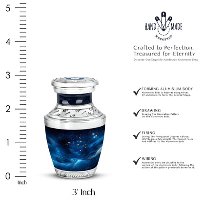 Charcoal Black Blue Cremation Urn top-down view of secure threaded lid - artistic blue interpretation with creative detail - mini keepsake memorial for portion of cremation ashes