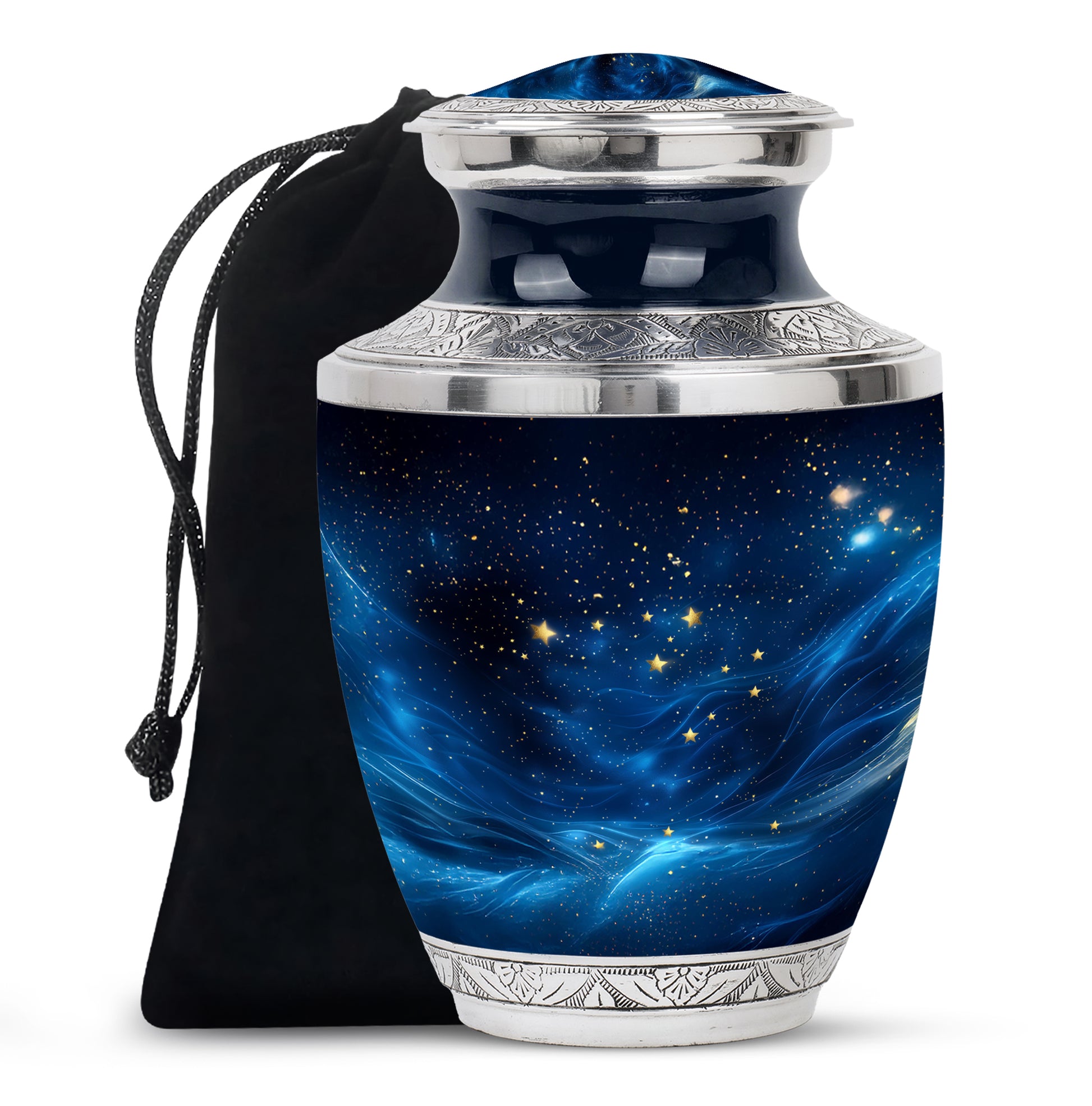 Charcoal Black Blue Cremation Urn side profile showing urn shape - artistic blue interpretation with creative detail - full-size 10 inch 200 cubic inch adult cremation urn