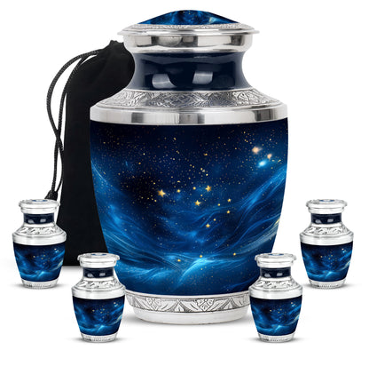 Dark Black Blue Cremation Urn lifestyle display on memorial shelf - artistic blue interpretation with creative detail - memorial set with one large and four small urns