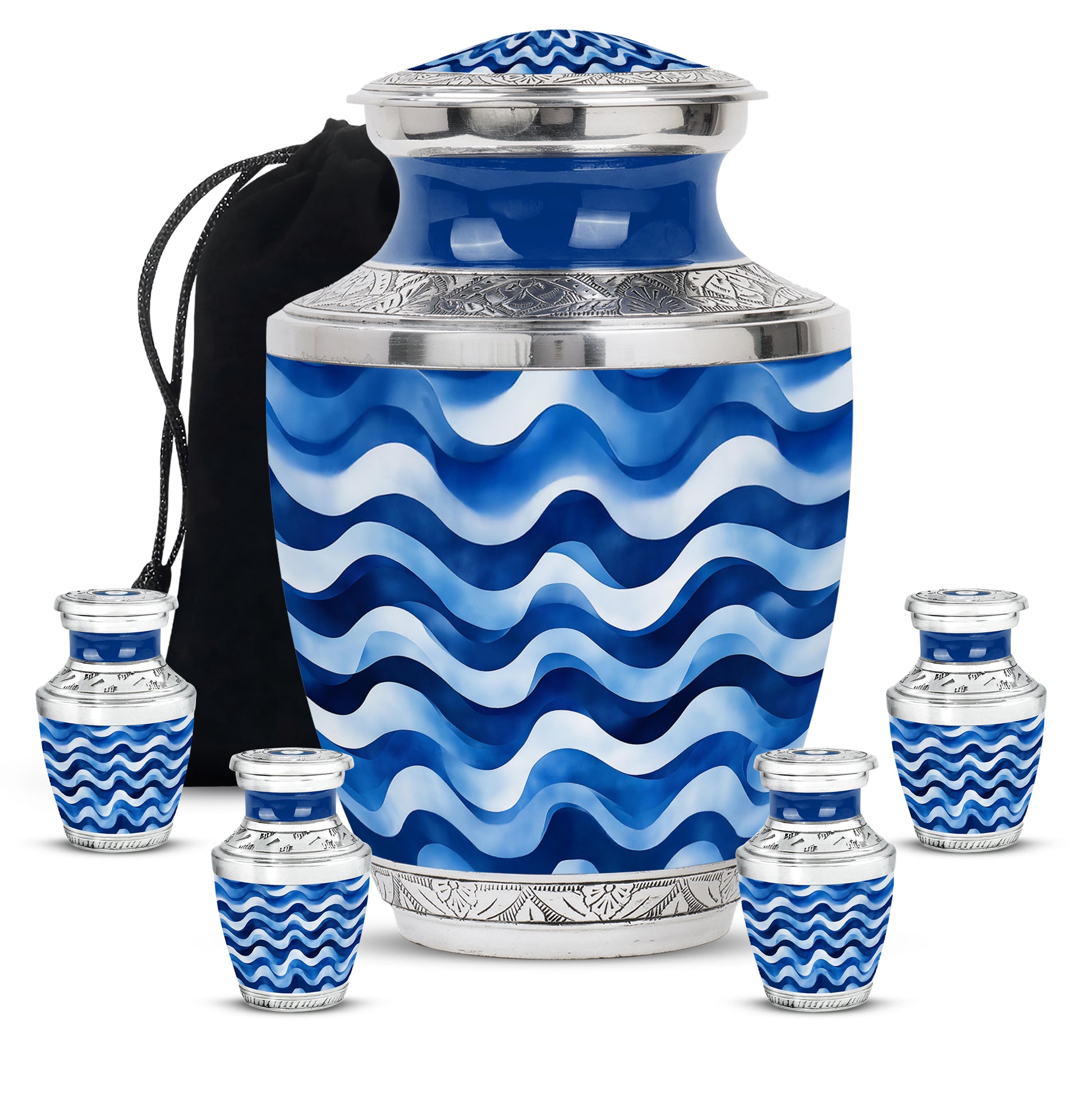 Bright Blue Blue Cremation Urn lifestyle display on memorial shelf - artistic blue interpretation with creative detail - memorial set with one large and four small urns