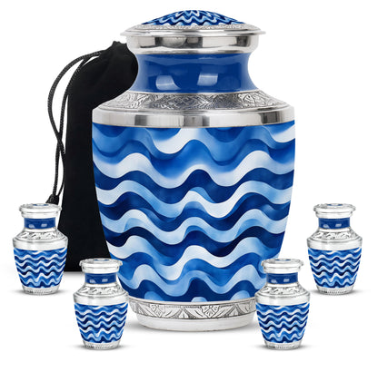 Bright Blue Blue Cremation Urn lifestyle display on memorial shelf - artistic blue interpretation with creative detail - memorial set with one large and four small urns