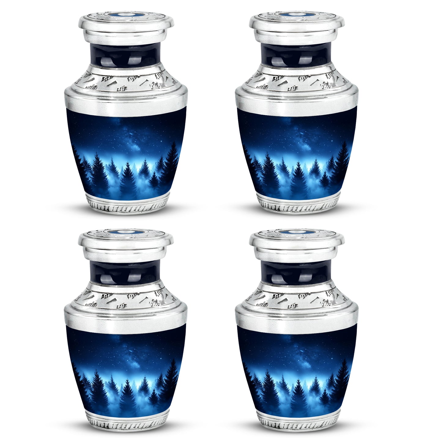 Serene Blue Blue Cremation Urn back view with polished surface - stylized abstract blue pattern with bold lines - 10 inch aluminum urn for cremated remains