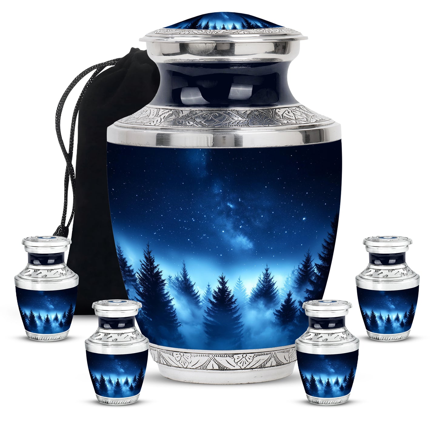 Indigo Blue Cremation Urn lifestyle display on memorial shelf - modern art-inspired blue motif on sleek aluminum - memorial set with one large and four small urns