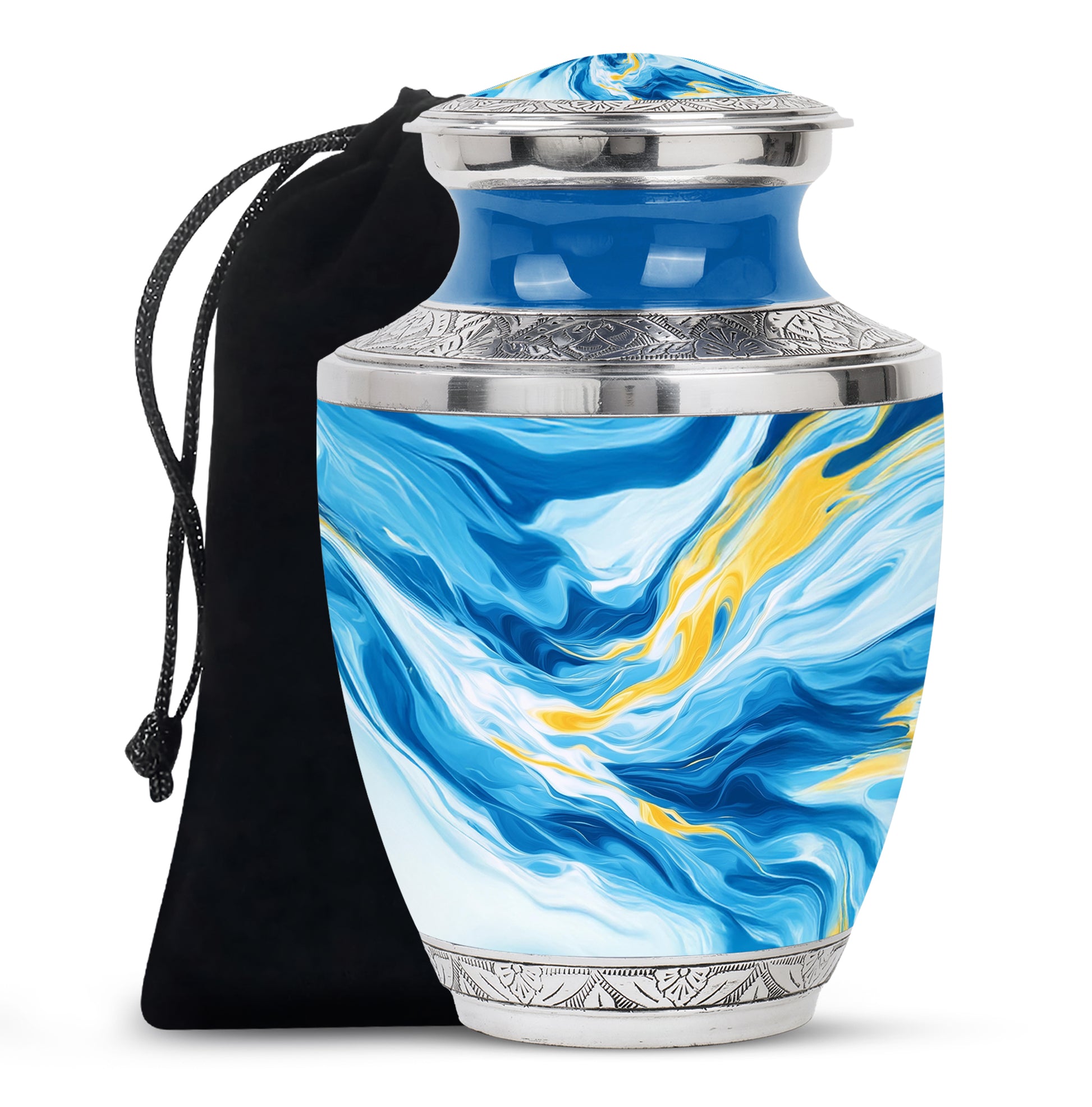Sapphire Blue Blue Cremation Urn side profile showing urn shape - stylized abstract blue pattern with bold lines - full-size 10 inch 200 cubic inch adult cremation urn