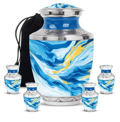 Cobalt Blue Blue Cremation Urn lifestyle display on memorial shelf - artistic blue interpretation with creative detail - memorial set with one large and four small urns