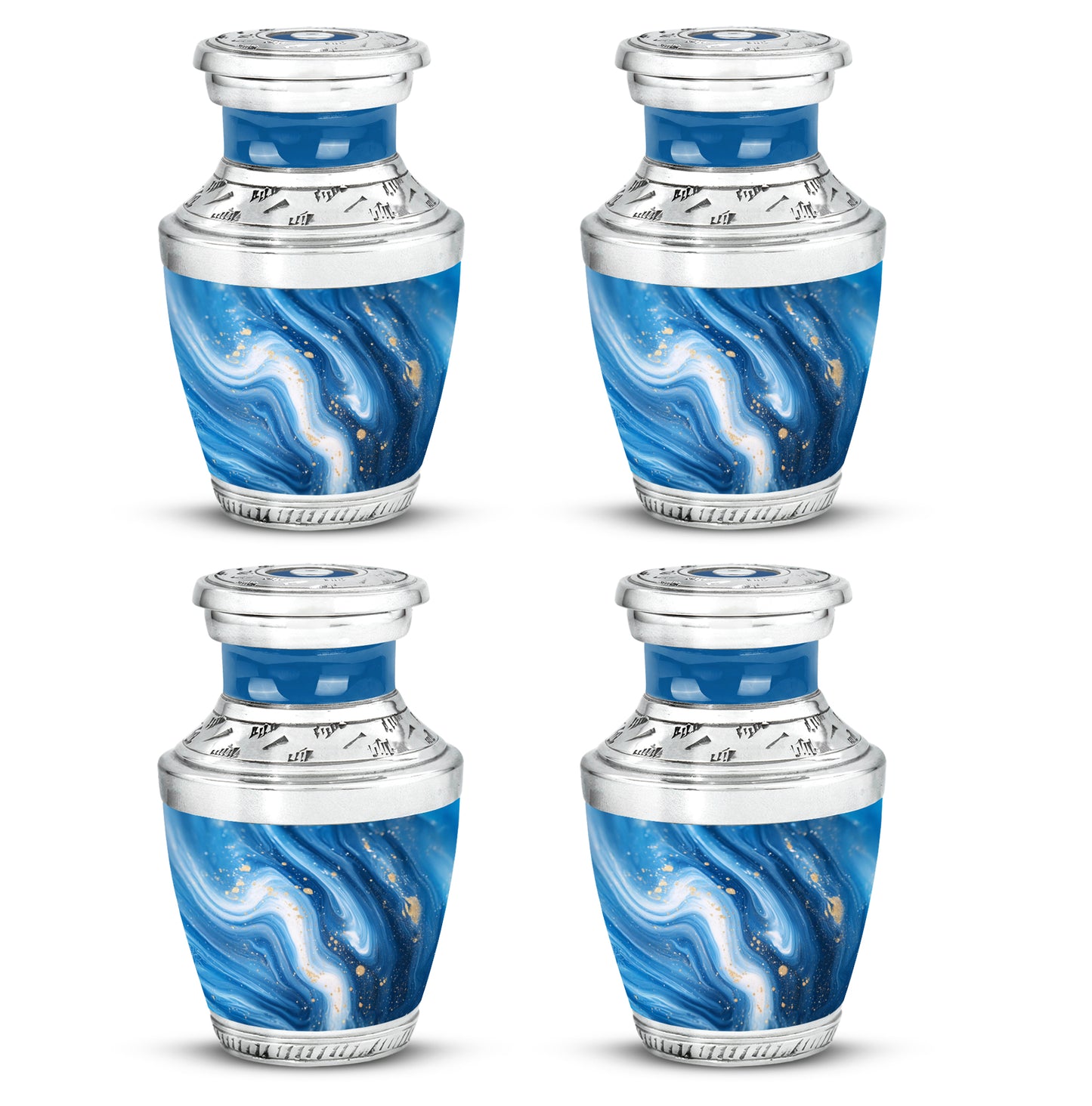 Celestial Blue Blue Cremation Urn back view with polished surface - modern art-inspired blue motif on sleek aluminum - 10 inch aluminum urn for cremated remains