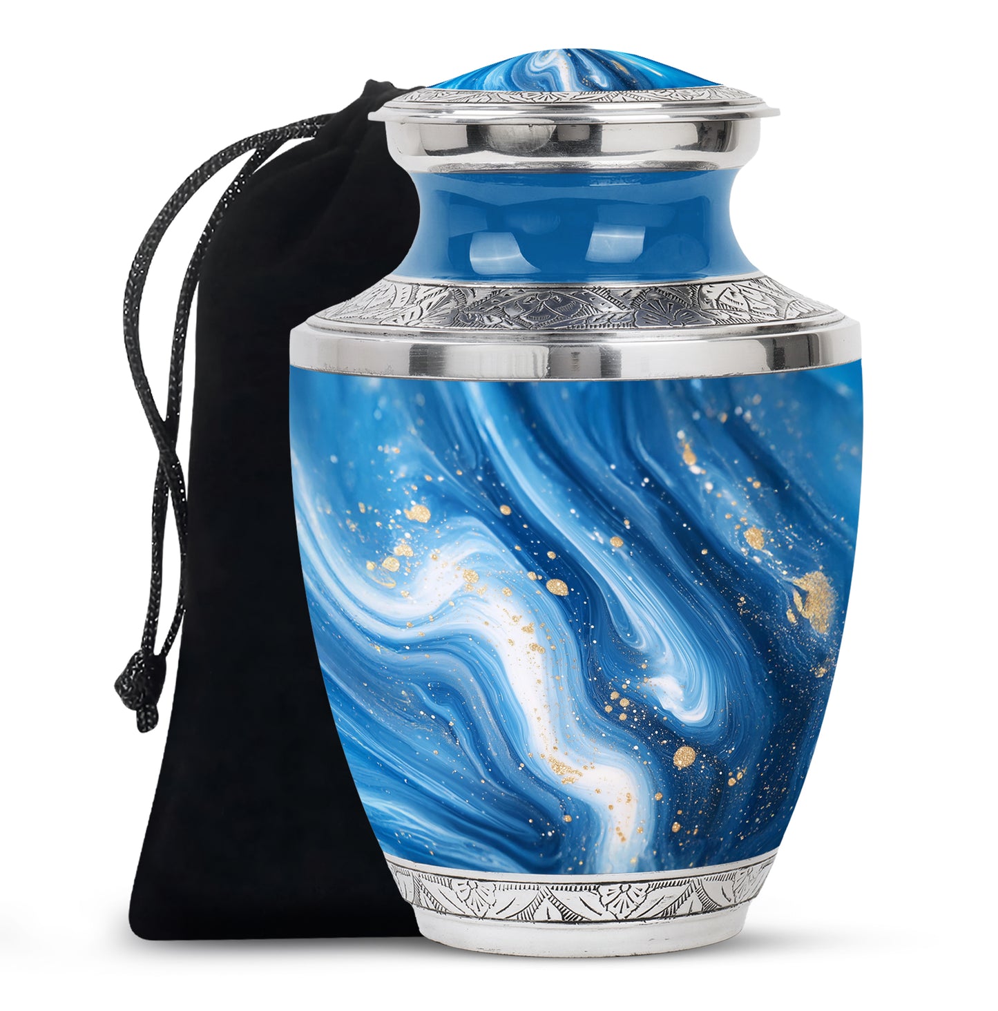 Vivid Blue Blue Cremation Urn side profile showing urn shape - stylized abstract blue pattern with bold lines - full-size 10 inch 200 cubic inch adult cremation urn