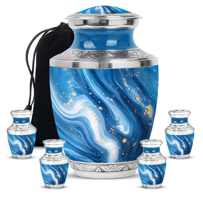 Powder Blue Blue Cremation Urn lifestyle display on memorial shelf - modern art-inspired blue motif on sleek aluminum - memorial set with one large and four small urns