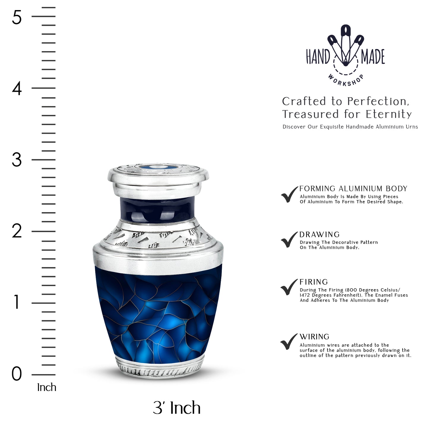 Cobalt Blue Blue Cremation Urn top-down view of secure threaded lid - artistic blue interpretation with creative detail - mini keepsake memorial for portion of cremation ashes