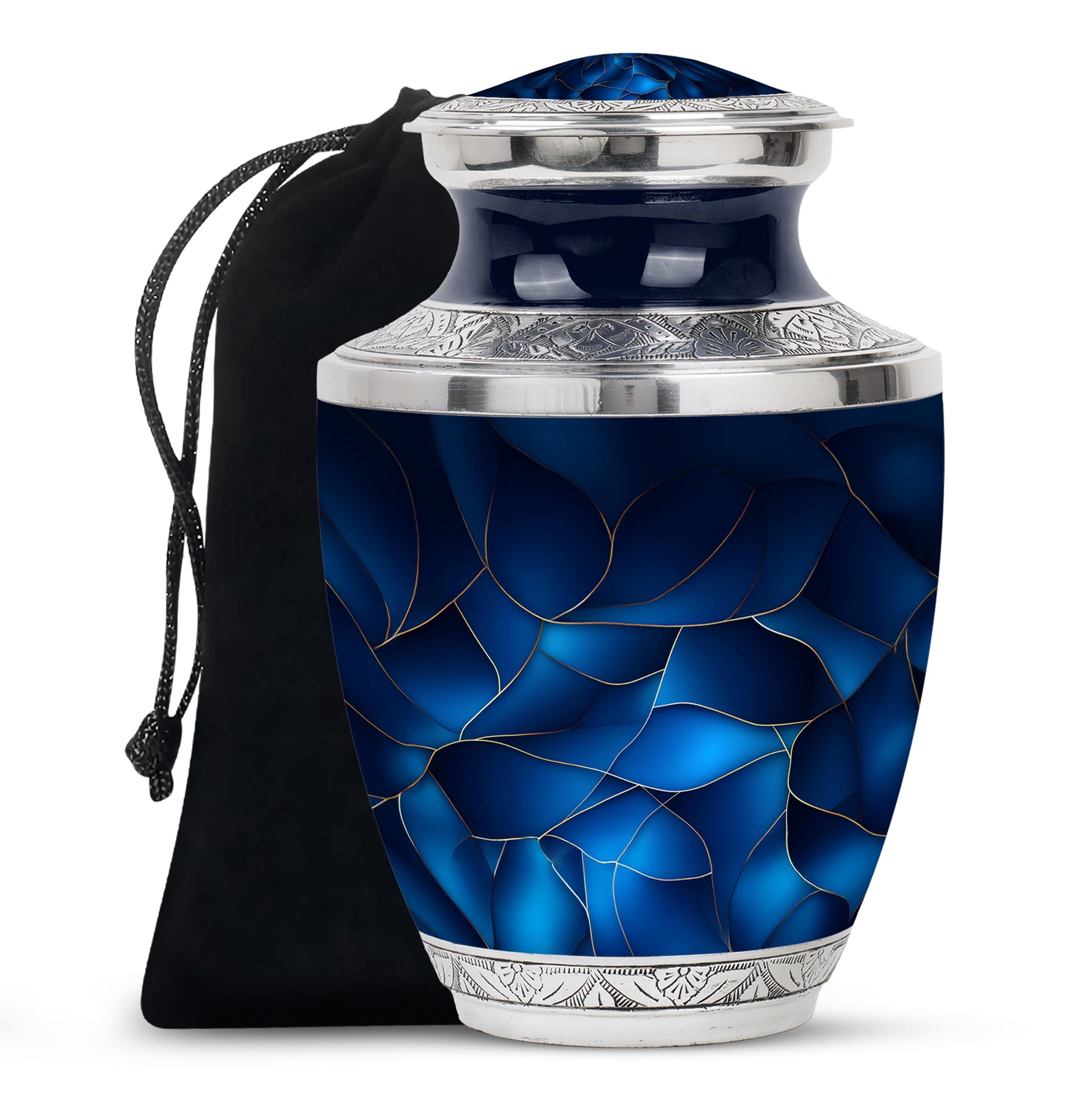 Sapphire Blue Blue Cremation Urn side profile showing urn shape - stylized abstract blue pattern with bold lines - full-size 10 inch 200 cubic inch adult cremation urn