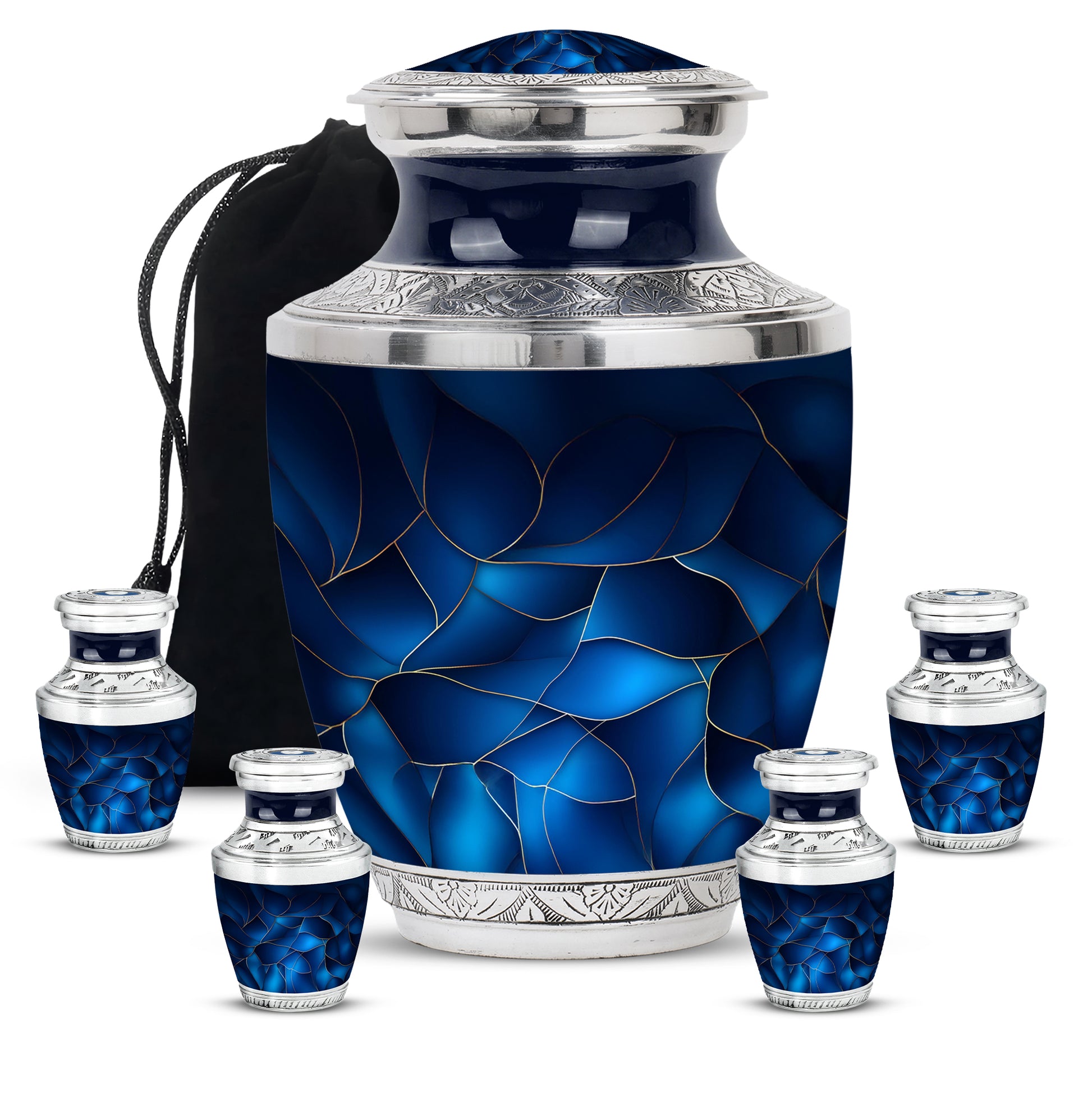 Serene Blue Blue Cremation Urn lifestyle display on memorial shelf - artistic blue interpretation with creative detail - memorial set with one large and four small urns