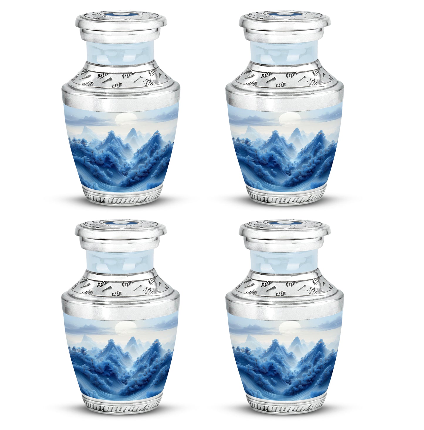 Polished Silver Blue Cremation Urn back view with polished surface - artistic blue interpretation with creative detail - 10 inch aluminum urn for cremated remains