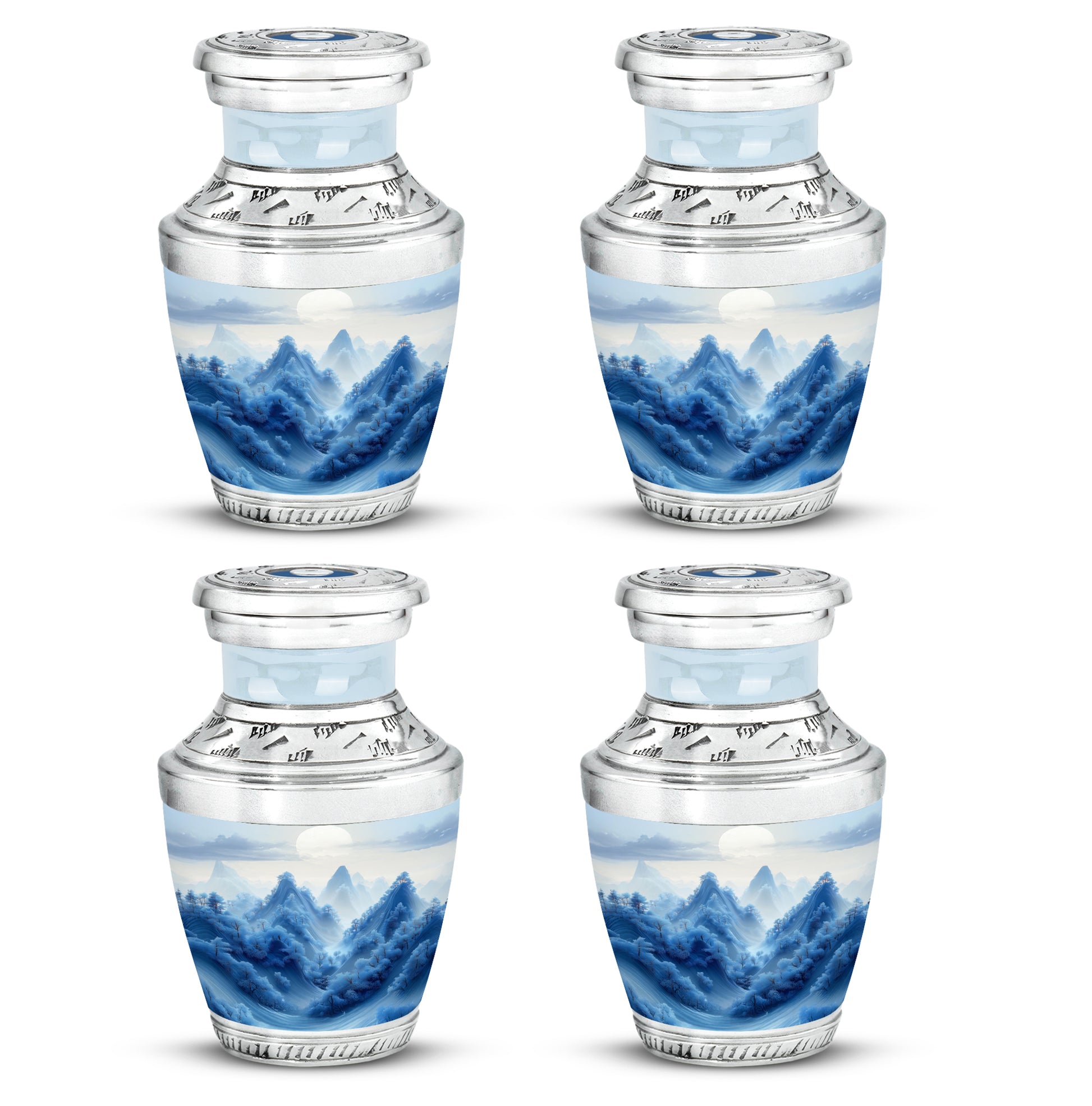 Polished Silver Blue Cremation Urn back view with polished surface - artistic blue interpretation with creative detail - 10 inch aluminum urn for cremated remains