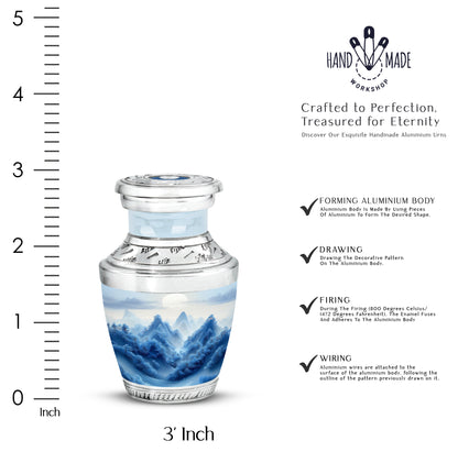 Chrome Silver Blue Cremation Urn top-down view of secure threaded lid - artistic blue interpretation with creative detail - mini keepsake memorial for portion of cremation ashes