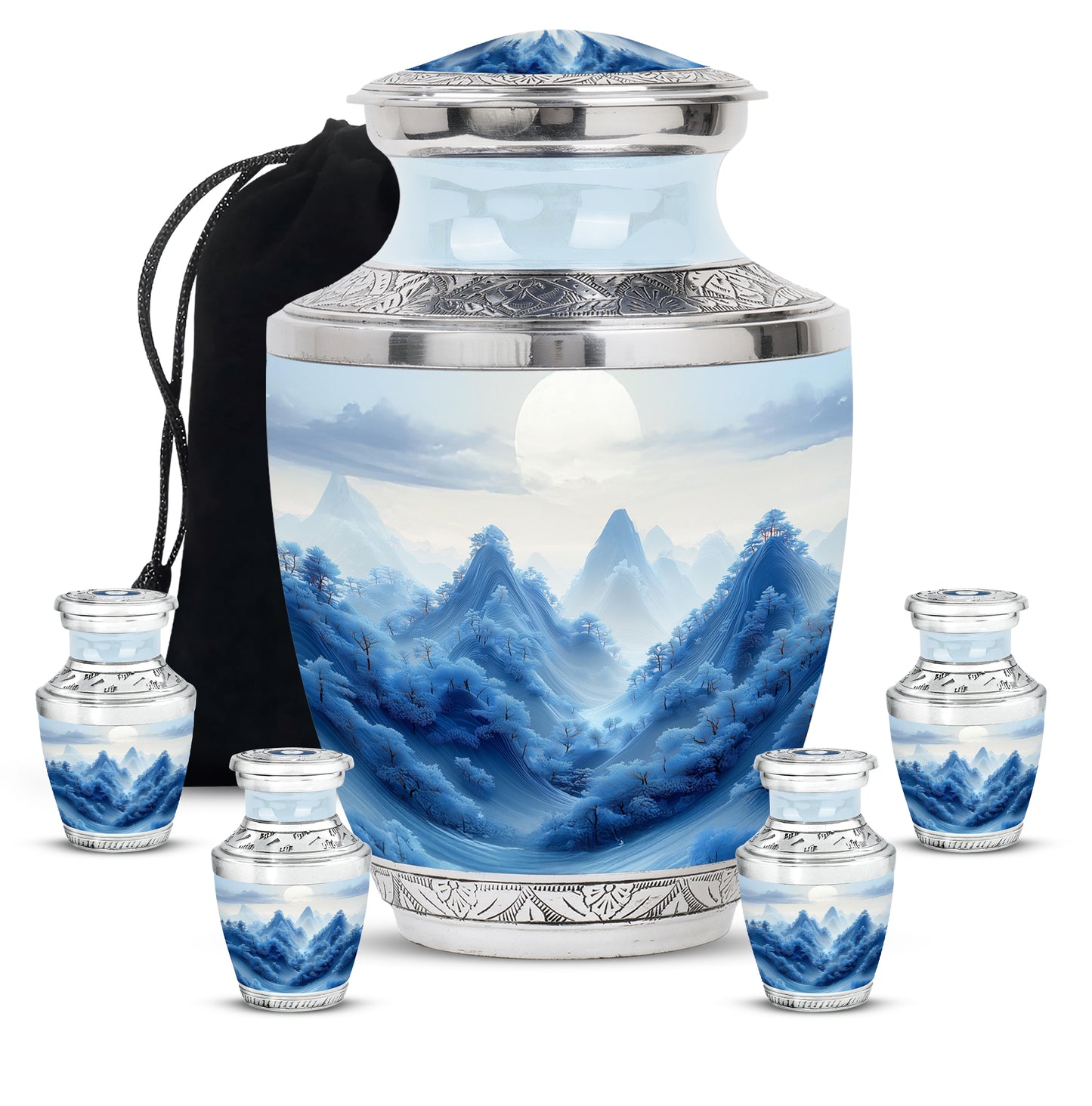 Platinum Silver Blue Cremation Urn lifestyle display on memorial shelf - modern art-inspired blue motif on sleek aluminum - memorial set with one large and four small urns