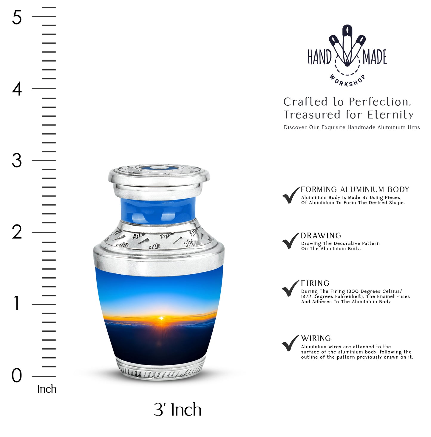 Slate Blue Blue Cremation Urn top-down view of secure threaded lid - modern art-inspired blue motif on sleek aluminum - mini keepsake memorial for portion of cremation ashes