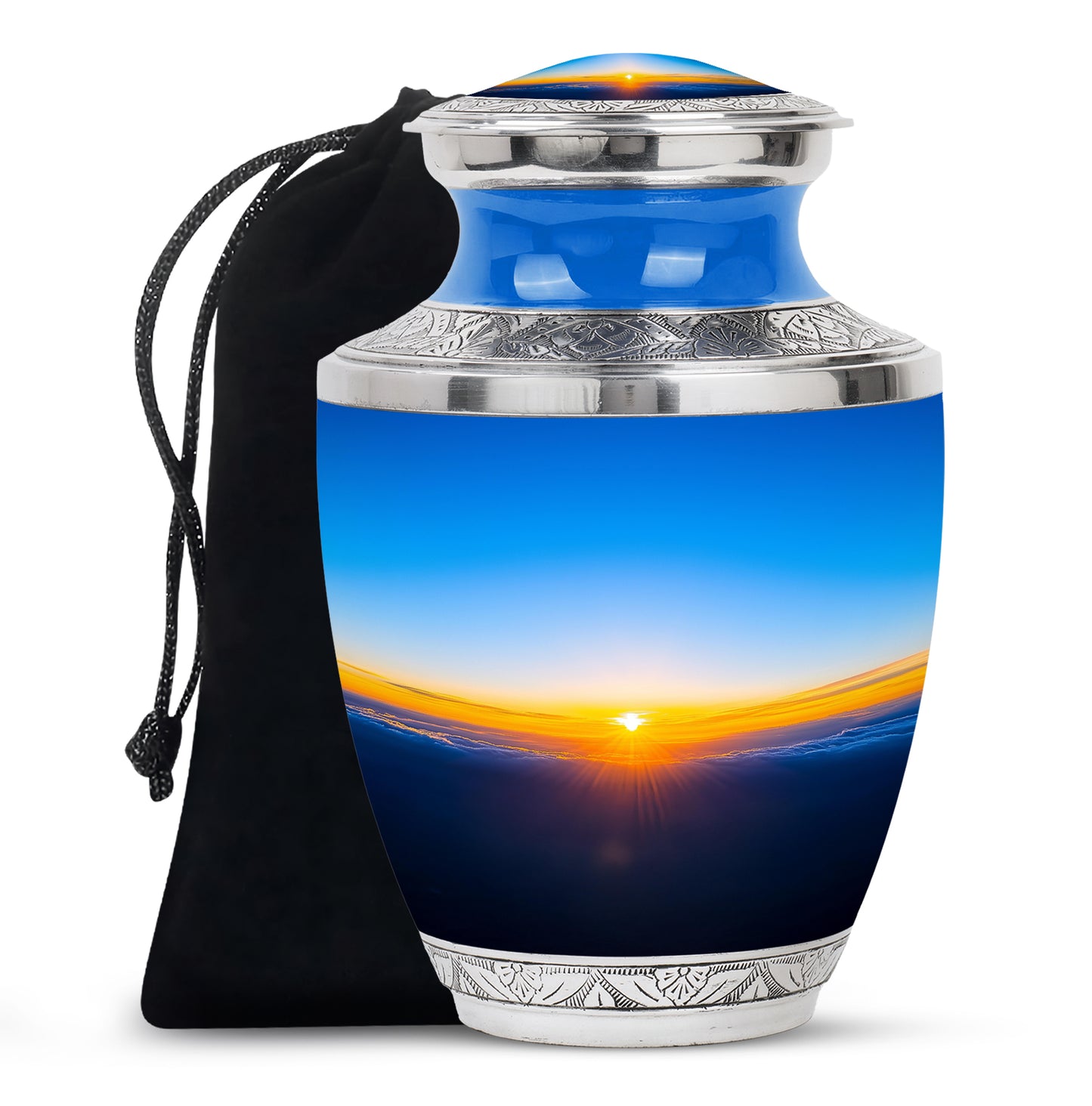 Vivid Blue Blue Cremation Urn side profile showing urn shape - artistic blue interpretation with creative detail - full-size 10 inch 200 cubic inch adult cremation urn