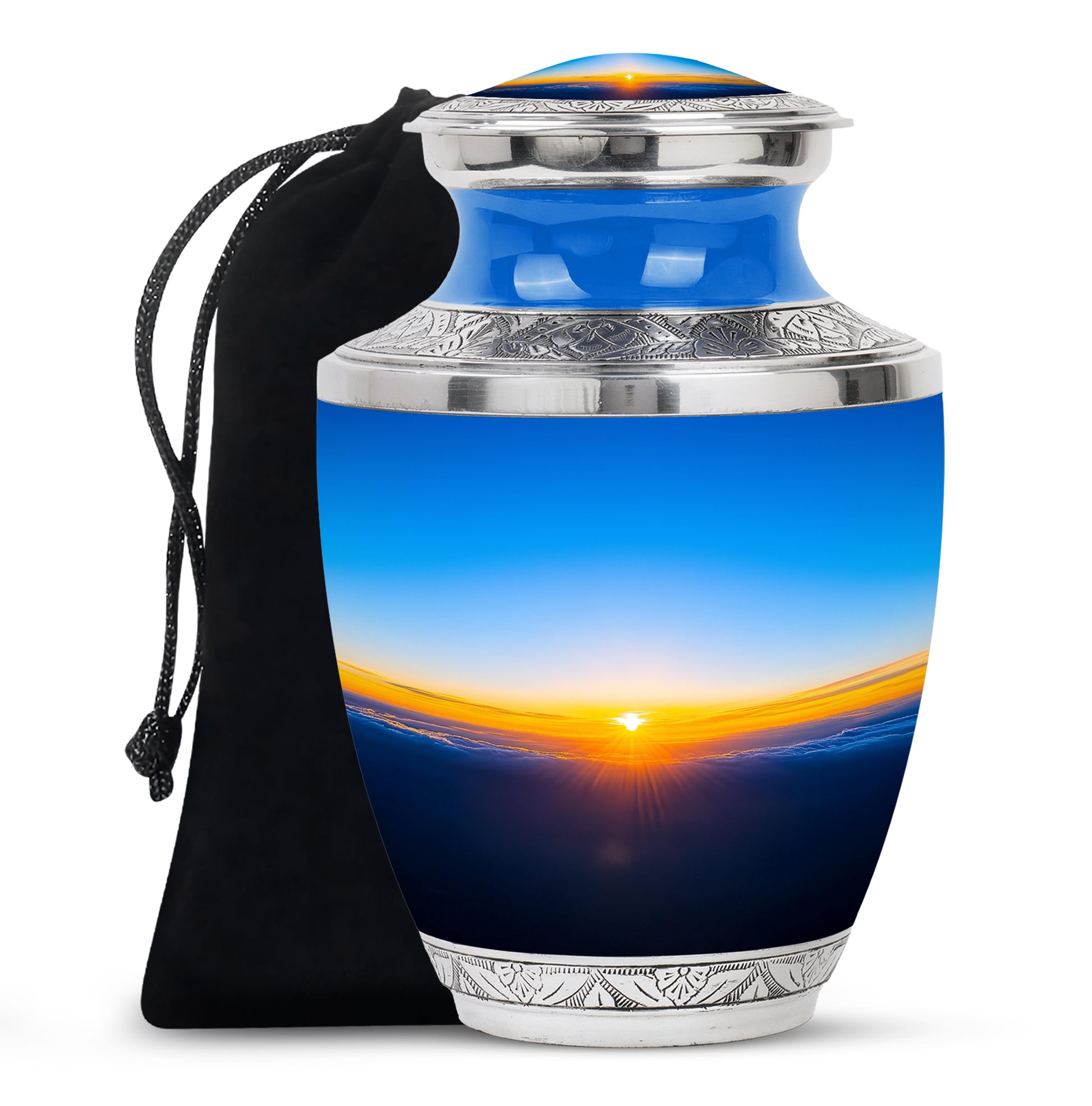 Vivid Blue Blue Cremation Urn side profile showing urn shape - artistic blue interpretation with creative detail - full-size 10 inch 200 cubic inch adult cremation urn