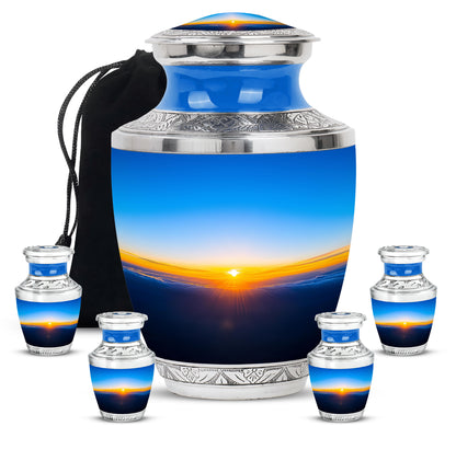 Navy Blue Blue Cremation Urn lifestyle display on memorial shelf - modern art-inspired blue motif on sleek aluminum - memorial set with one large and four small urns