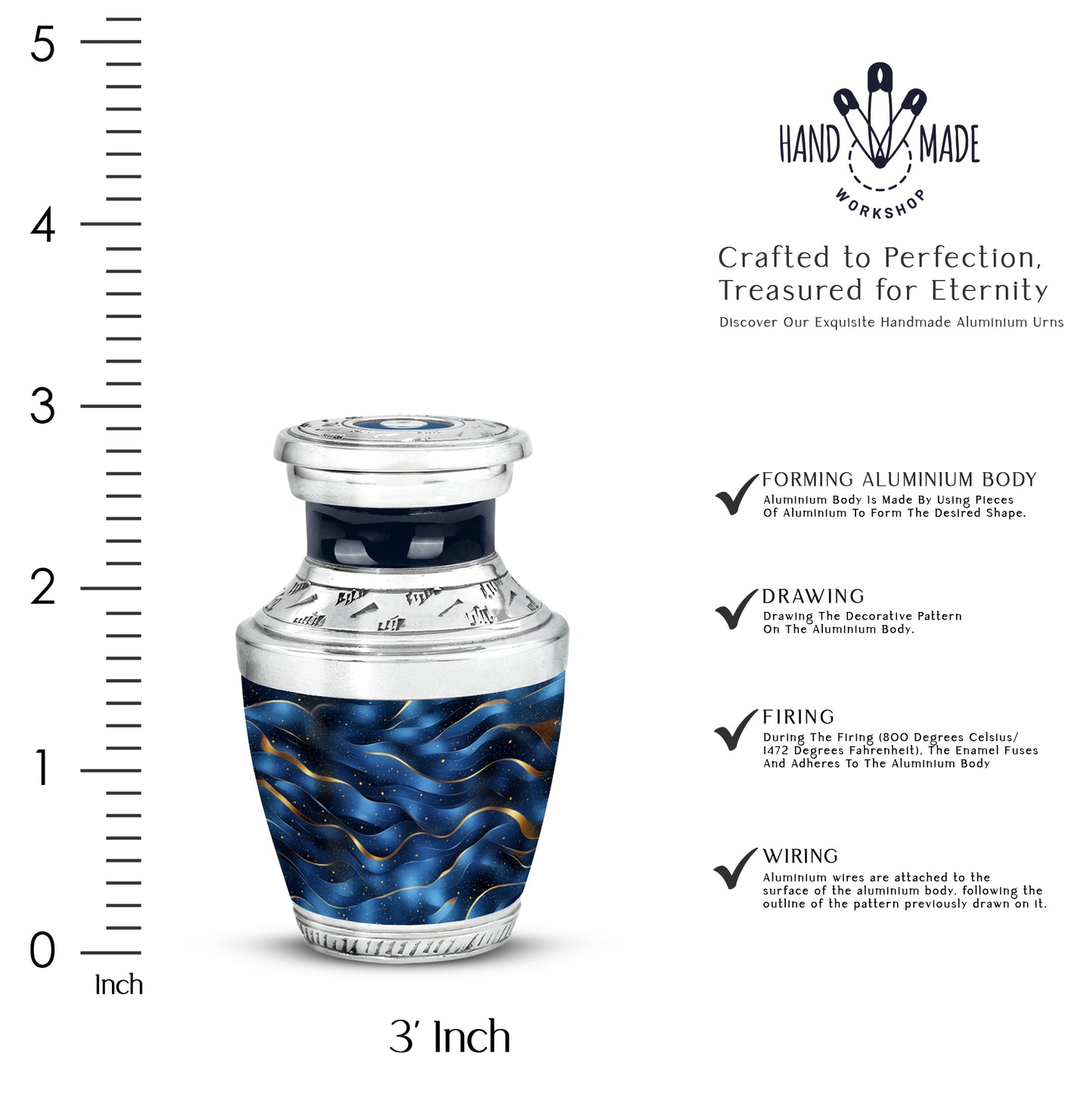 Vivid Blue Blue Cremation Urn top-down view of secure threaded lid - artistic blue interpretation with creative detail - mini keepsake memorial for portion of cremation ashes